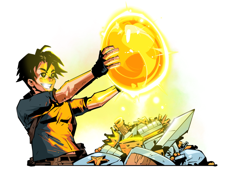 A hero hatching a golden egg from a pile of treasure